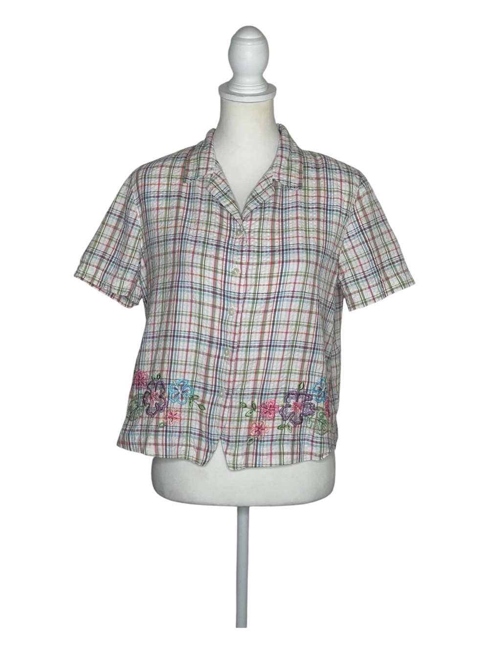 Alfred Dunner Plaid Button-Down Shirt EUC Floral Embroidery Sz 12P Grannycore